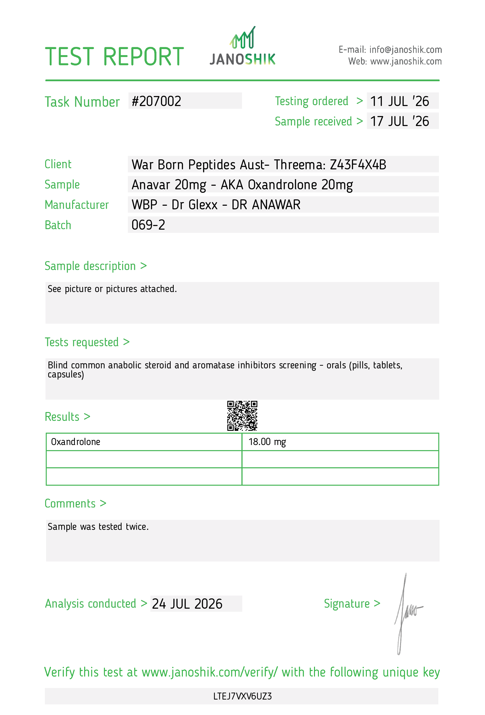 Anavar 20mg Certificate of Analysis