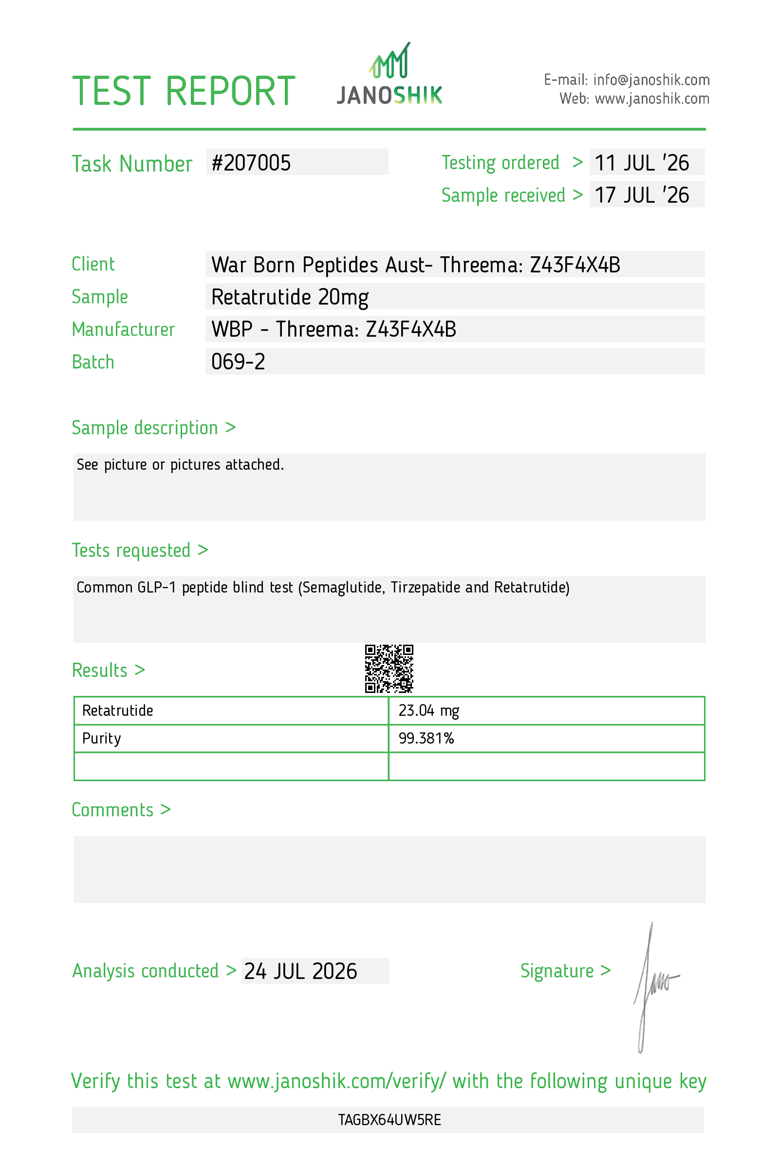Retatrutide 20mg Certificate of Analysis