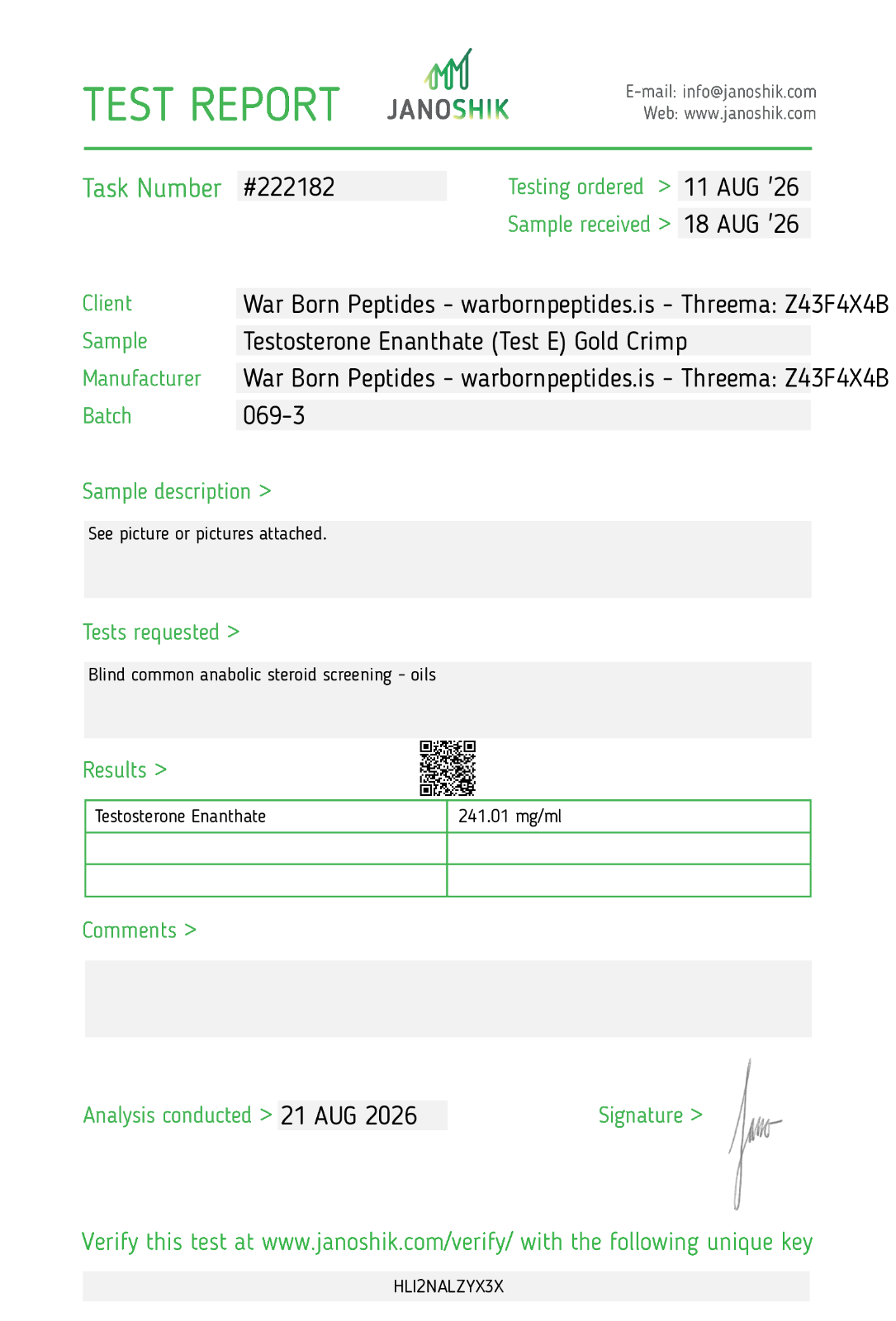 Test E (Gold Crimp) Certificate of Analysis
