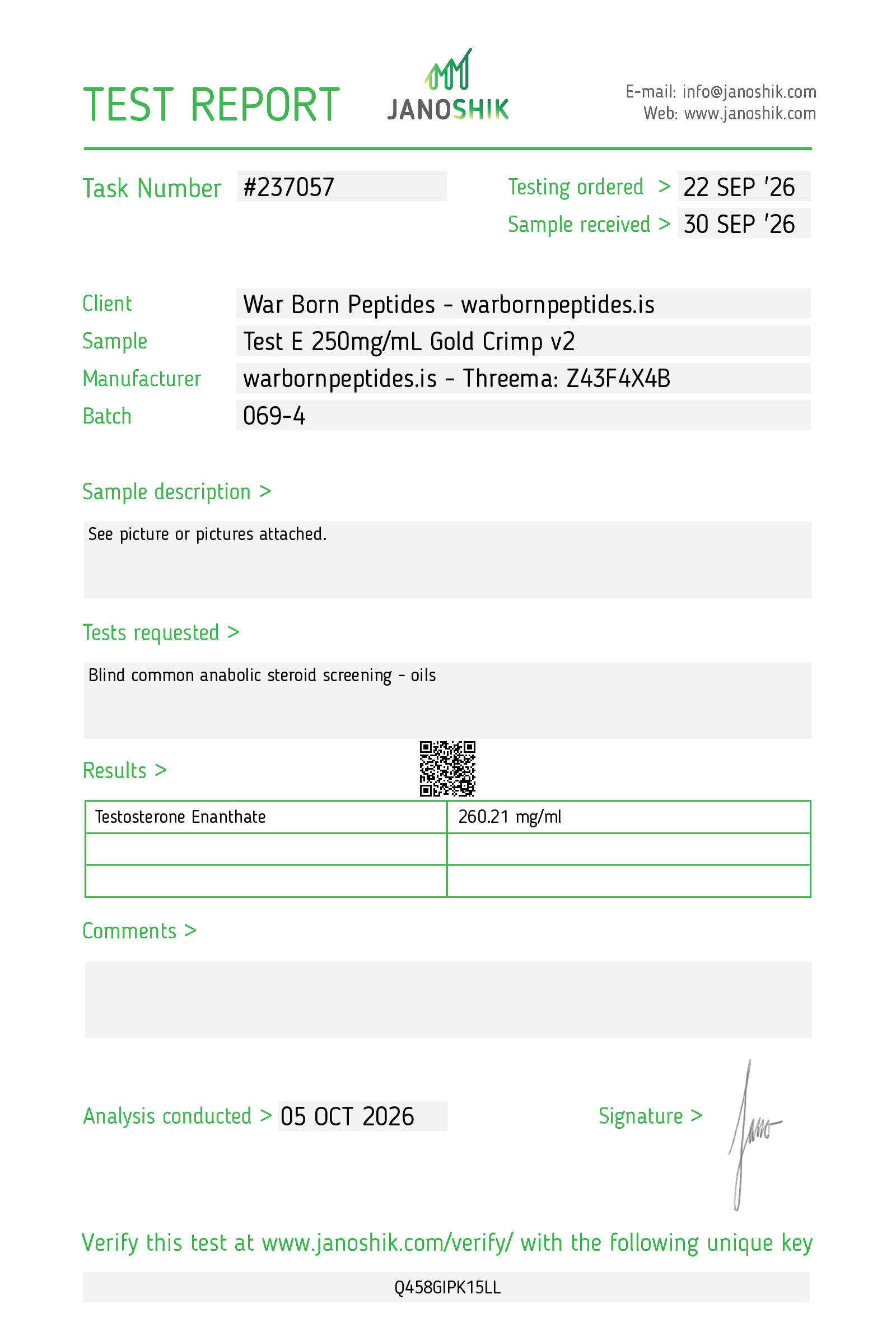 Test E 250 (Gold Crimp v2) Certificate of Analysis