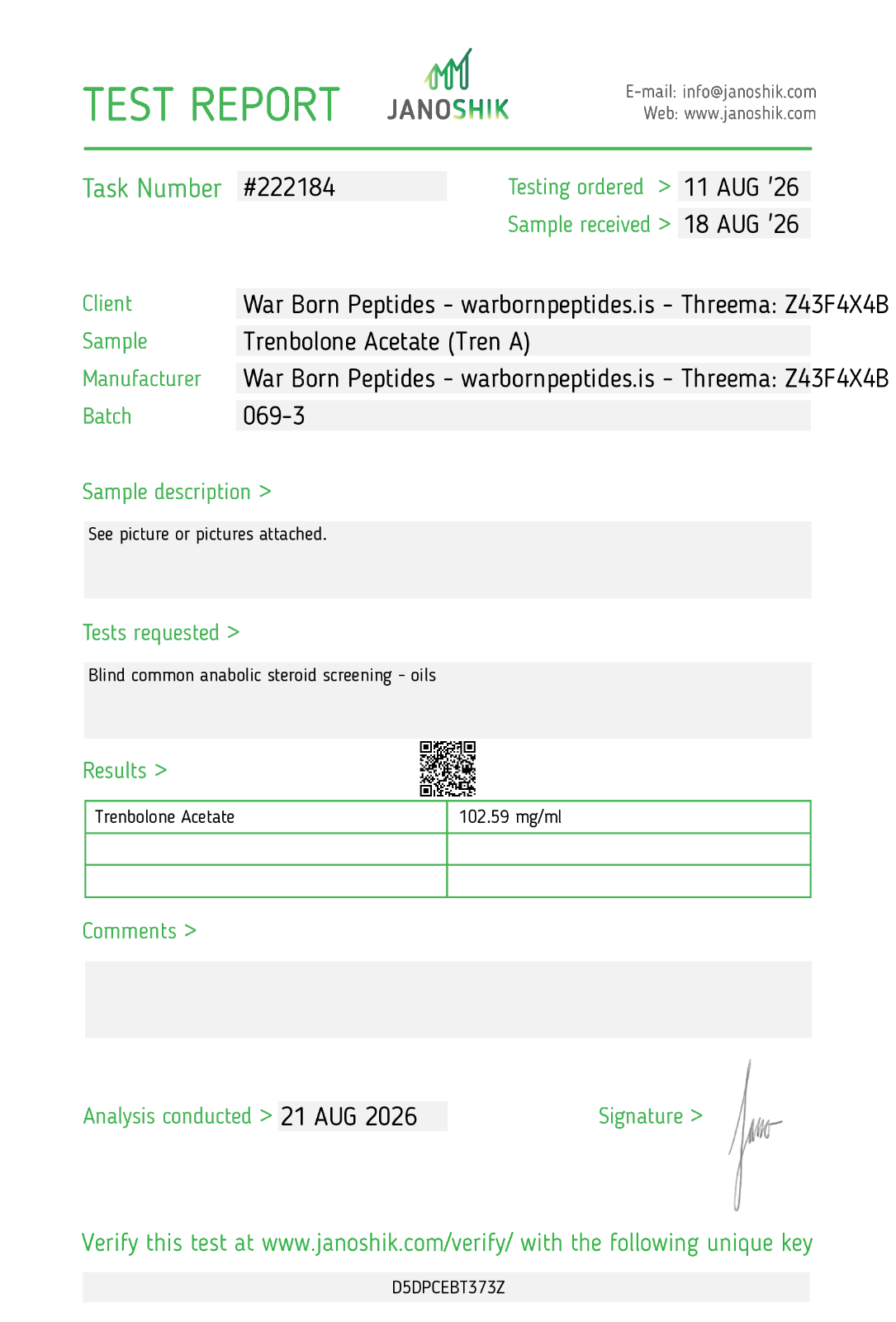 Tren A Certificate of Analysis